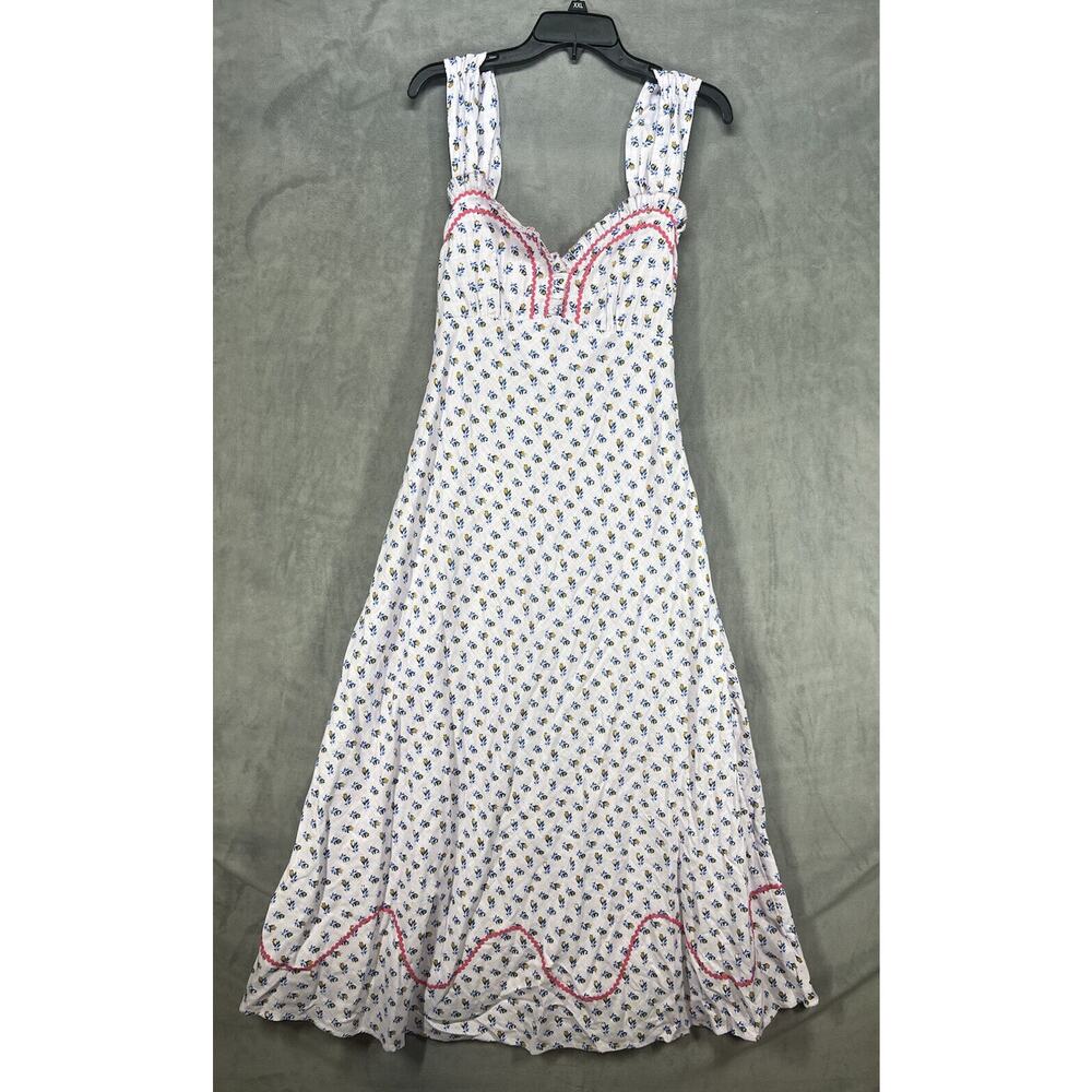Free People White Midi Dress with Blue Floral Print and Pink Trim - Picture 3 of 11
